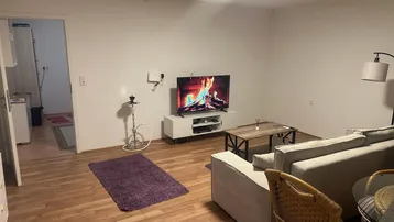 Gemütliches Wohnzimmer mit Holzboden, Sofa und Fernseher, der ein Kaminfeuer zeigt.