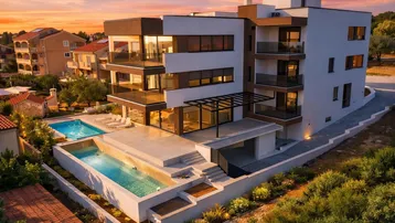 Moderne Wohnanlage mit mehreren Pools und Terrassen bei Sonnenuntergang.
