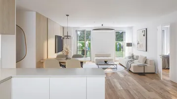 Modernes, offenes Wohn-Esszimmer mit integrierter Küche, Holzboden und Zugang zum Gartenbereich.