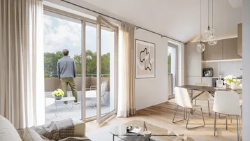 Lichtdurchfluteter Wohn-Essbereich mit Zugang zu einem großen Balkon und offener Küche.