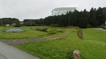 Grüne Wiesenfläche mit Waldrand im Hintergrund und einem Feldweg, der zu den entfernten Häusern führt.