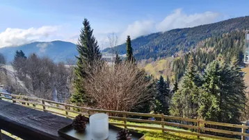 Balkon mit rustikalem Holzgeländer und weitem Blick auf die umliegende Berglandschaft.