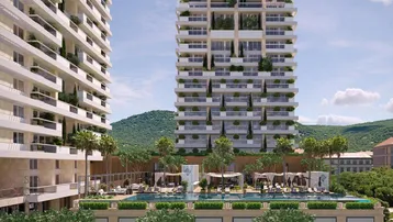 Moderne Hochhäuser mit einem luxuriösen Poolbereich, Palmen und Bergblick.