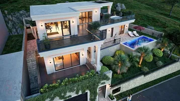 Vogelperspektive der modernen Villa mit mehreren Terrassen, Pool und gepflegtem Garten.