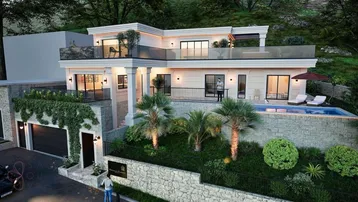 Moderne Villa mit elegantem Design, privatem Pool, Garage und üppiger Bepflanzung.