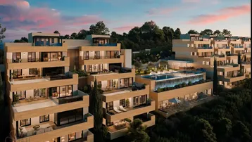 Visualisierung einer modernen Wohnanlage mit gestuften Terrassenwohnungen und Gemeinschaftspool bei Sonnenuntergang.