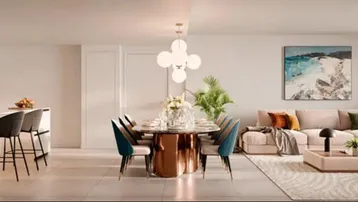 Moderner offener Wohn-Essbereich mit integrierter Küche, großen Fenstern und Zugang zur Terrasse.