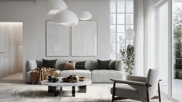 Modernes, helles Wohnzimmer mit bequemer Couch, Marmor-Couchtisch und großen Fenstern für viel Tageslicht.