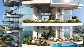 Moderne Luxus-Wohnanlage mit mehreren Terrassen, Pools und Meerblick auf verschiedenen Ebenen.