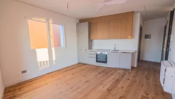 Heller Wohnbereich mit integrierter Küchenzeile, Holzboden und großen Fenstern.