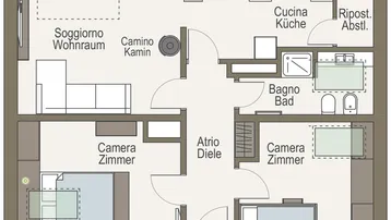 Grundriss einer Wohnung mit offenem Wohnbereich, Küche, zwei Zimmern und Bad.