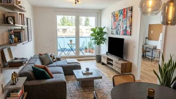 Helles Wohn- und Esszimmer mit modernem Sofa, Holzboden und direktem Zugang zum Balkon.