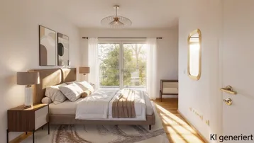 Helles Schlafzimmer mit großem Fenster, Holzboden und modernem Design, das viel Tageslicht hereinlässt.