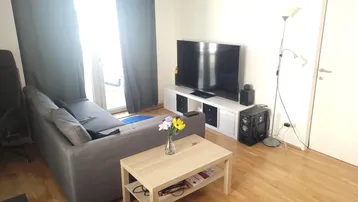 Helles Wohnzimmer mit Sofa, Fernseher und Zugang zu einem Balkon, ausgestattet mit Parkettboden.