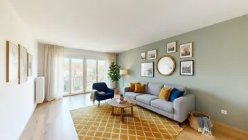 Helles Wohnzimmer mit modernem Dekor, Parkettboden und Zugang zum Balkon.