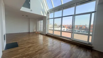 Großzügiger, heller Wohnbereich mit Holzboden, modernem Kamin und raumhohen Fenstern zur Dachterrasse.