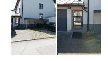 Gebäudefassade mit Carport und Eingangsbereich, der Zugang zum Grundstück bietet.