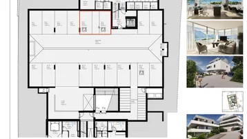 Grundriss mit Tiefgarage und Kellerräumen, ergänzt durch Visualisierungen von Innen- und Aussenbereichen des Neubaus.