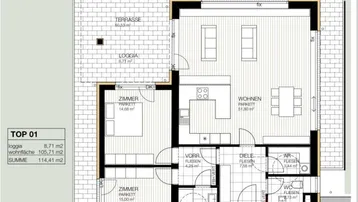 Grundriss der Erdgeschosswohnung mit Terrasse, Loggia, Garten, Wohnbereich und zwei Schlafzimmern.