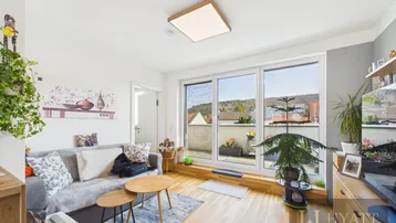 Helles Wohnzimmer mit Holzboden, gemütlichem Sofa und Zugang zu einem sonnigen Balkon mit Weitblick.