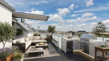 Luxuriöse Dachterrasse mit Outdoor-Küche, Lounge-Bereich und weitem Stadtblick.