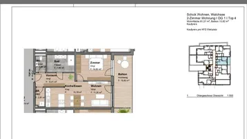 Grundriss einer modernen Wohnung mit Balkon, offener Küche und Schlafzimmer.