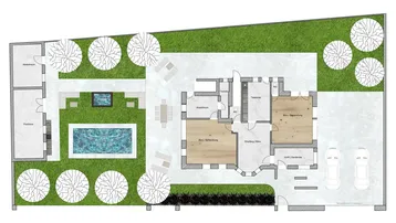 Gesamtübersicht des Grundstücks mit Haus, Pool, Garten, Nebengebäude und Parkplätzen.