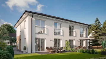 Modernes Reihenhaus mit weißer Fassade, Garten und möblierter Terrasse für entspannte Stunden im Freien.