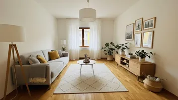 Helles Wohnzimmer mit Holzparkett, modernem Sofa und dekorativen Pflanzen.