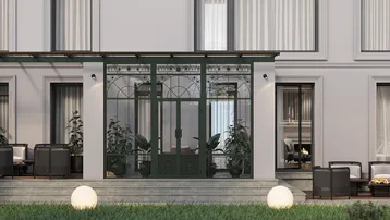 Elegante Terrasse mit Gartenmöbeln und einem Wintergarten, umgeben von gepflegtem Rasen.