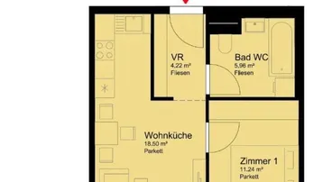 Detaillierter Grundriss einer 2-Zimmer-Wohnung mit Balkon und offener Wohnküche.