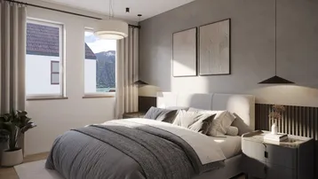 Modernes Schlafzimmer mit großem Bett, stilvoller Dekoration und Blick auf Berge und Häuser.