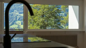Moderne Küchenzeile mit Spüle und Blick auf die grüne Berglandschaft durch das große Fenster.