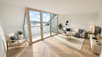 Helles Wohnzimmer mit modernem Design, Holzboden und Zugang zu einem kleinen Balkon.