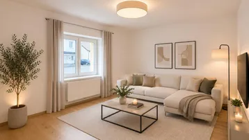 Helles, modern eingerichtetes Wohnzimmer mit beigem Teppich, Holzboden und Blick nach draußen.