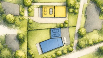 Übersichtsplan des Grundstücks mit Gebäuden, Pool, Doppelgarage und Gartenbereichen.