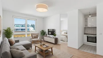 Helles Wohnzimmer mit moderner Einrichtung, Holzboden und integrierter Küchenzeile.