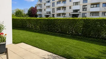 Sonniger Terrassenbereich mit gepflegtem Rasen und hoher Hecke vor einem Mehrfamilienhaus.