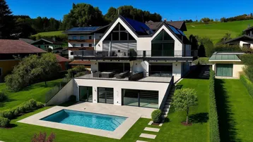 Moderne Villa mit Pool, großzügigen Terrassen und Photovoltaikanlage in grüner Hügellandschaft.