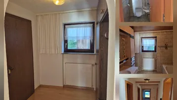 Collage verschiedener Innenräume mit Küche, Bädern, Fluren und Schlafzimmern, meist mit Holzdetails und Fenstern.