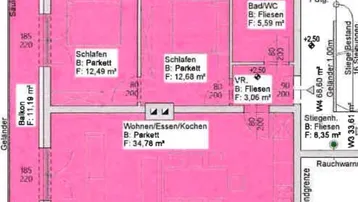 Detaillierter Grundriss einer Wohnung mit zwei Schlafzimmern, Wohn-/Essbereich und zwei Terrassen.