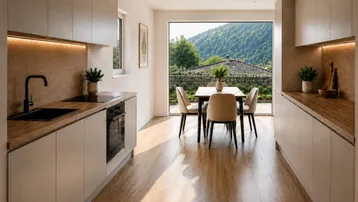 Moderne Küche mit Holzarbeitsplatten, Essbereich und großem Fenster mit Bergblick.