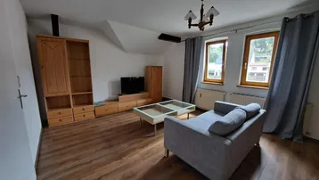Helles Wohnzimmer mit Holzboden, gemütlichem Sofa, TV-Möbeln und einem Einzelbett unter der Dachschräge.