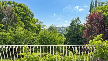Blick von einer Terrasse mit schmiedeeisernem Geländer auf eine grüne Hügellandschaft unter blauem Himmel.