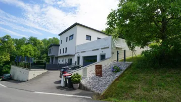 Modernes Wohnhaus mit Zufahrt, Garage und gepflegter Vorgartenfläche in Hanglage.