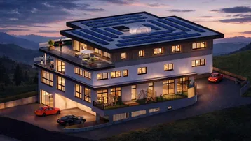 Modernes Gebäude bei Sonnenuntergang mit Photovoltaikanlage auf dem Dach und Bergblick.