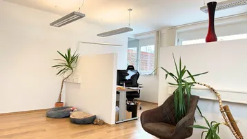 Heller Büroraum mit Holzboden, modernen Leuchten und Pflanzen, ideal für konzentriertes Arbeiten.