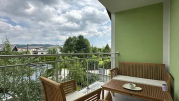 Balkon mit Holzmöbeln und grüner Fassade, bietet einen weiten Blick ins Grüne.