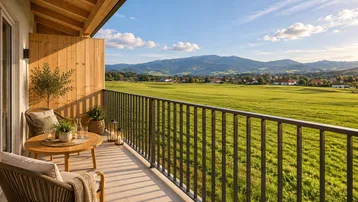 Geräumiger Balkon mit Sitzgelegenheiten und einem atemberaubenden Blick auf grüne Felder und Berge.