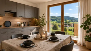 Moderne Wohnküche mit Essbereich, Holzelementen und weitem Blick ins Grüne.